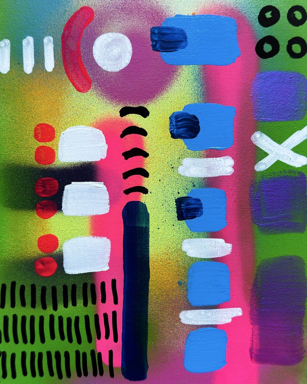 Abstract colorful painting with various shapes and patterns, including white, red, blue, black, and purple strokes, on a multi-colored background with pink, green, yellow, and blue hues.