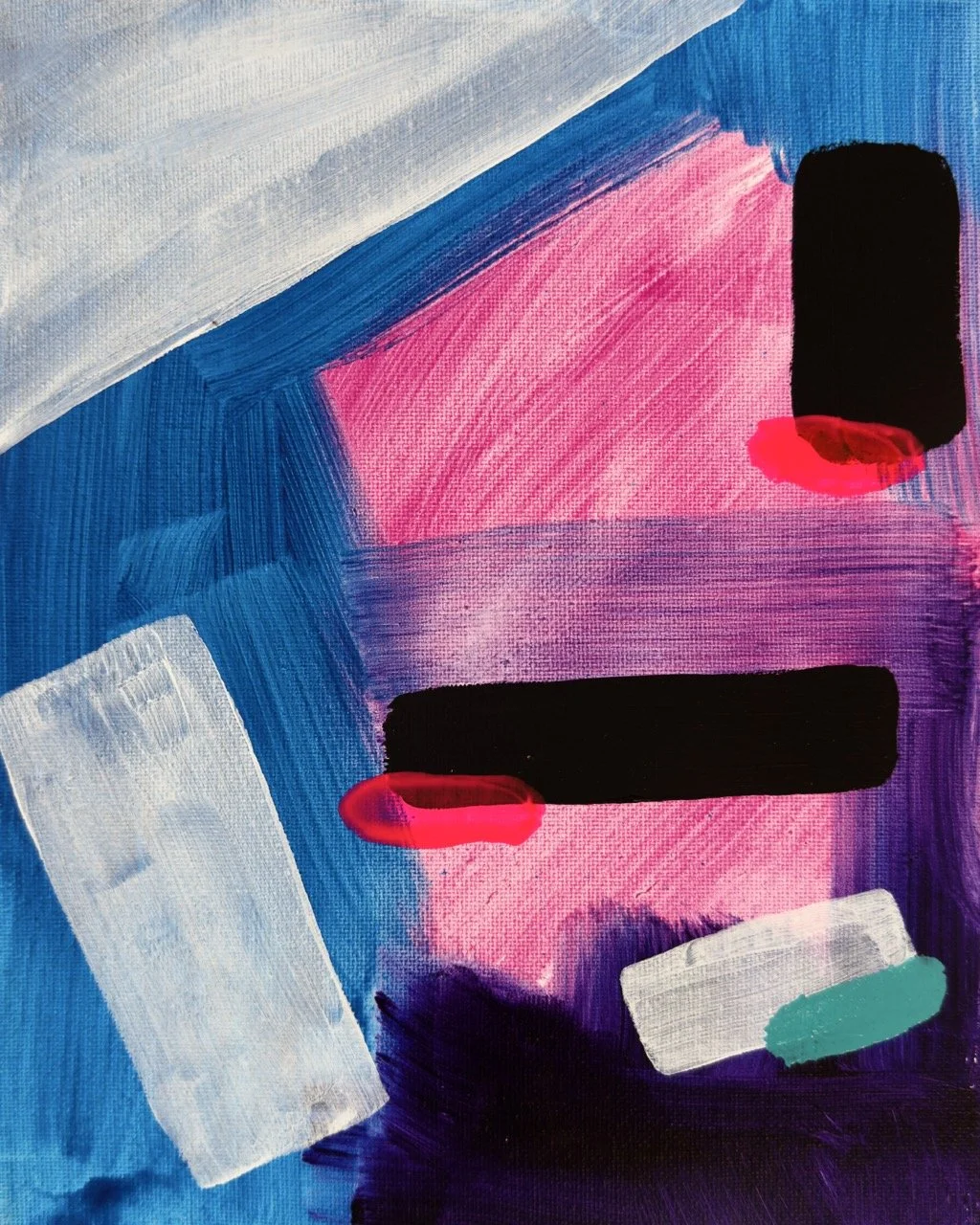 Abstract painting with bold streaks of blue, pink, white, black, red, and green colors.