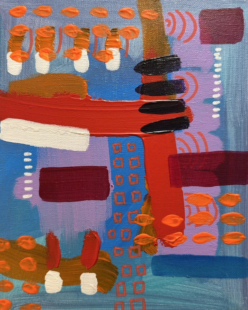 Abstract painting with geometric shapes and vibrant colors, including red, black, white, blue, purple, and orange, with patterns of dots and squares.