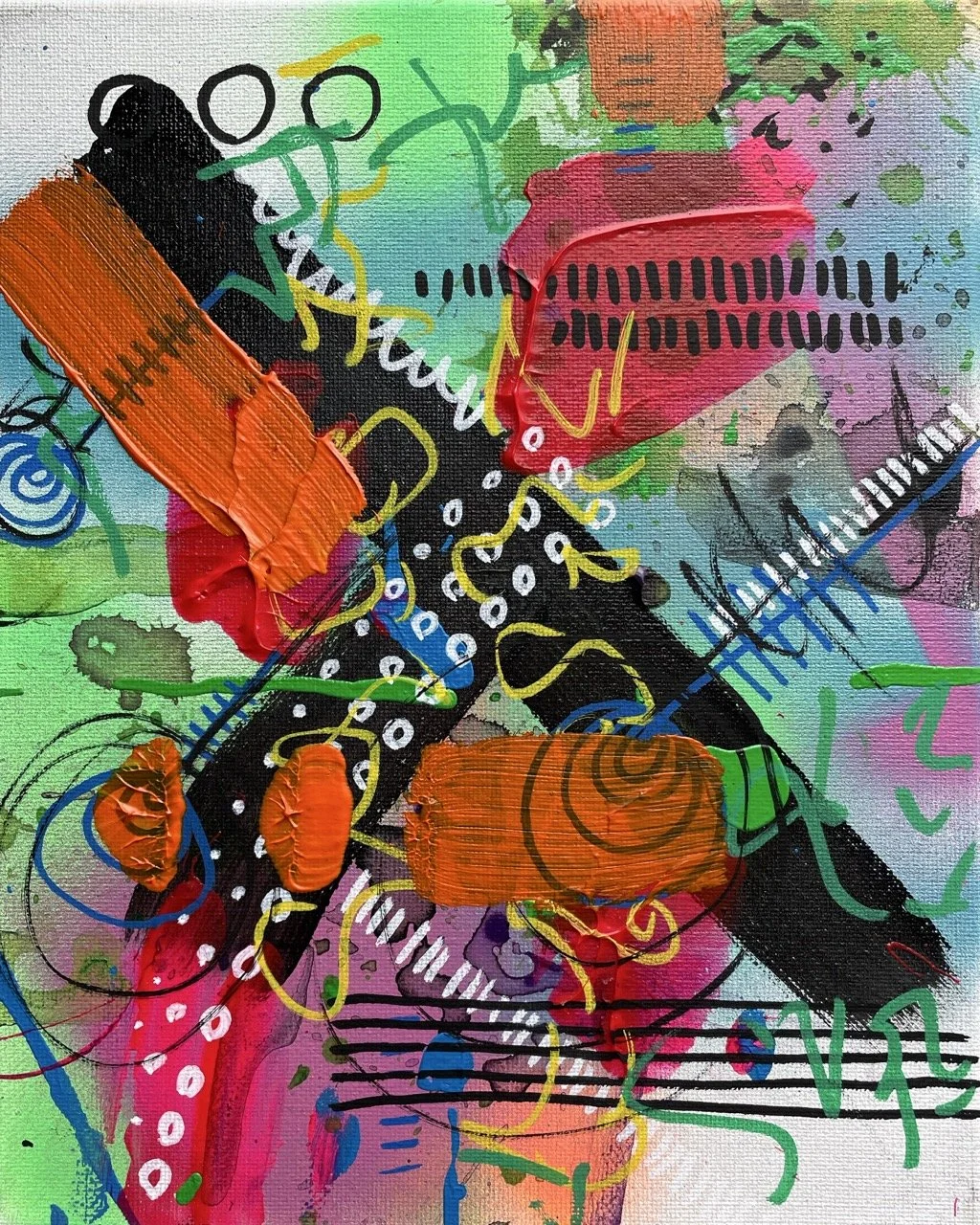 Abstract colorful artwork with splashes of green, pink, orange, black, and blue, featuring various scribbles, lines, and textured patches.