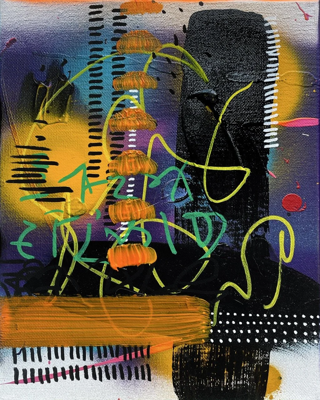 Abstract painting with black, purple, blue, and yellow background, featuring orange pumpkins, green vine-like lines, black dots, and various painted patterns.