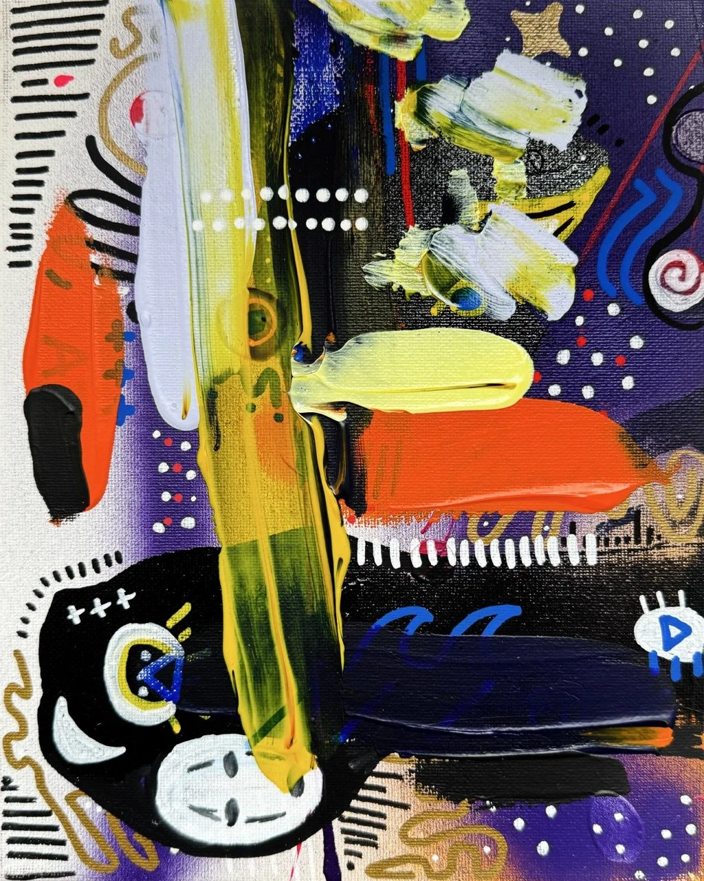 An abstract painting with bright colors, including yellow, orange, purple, and black, featuring various geometric shapes, lines, and patterns.