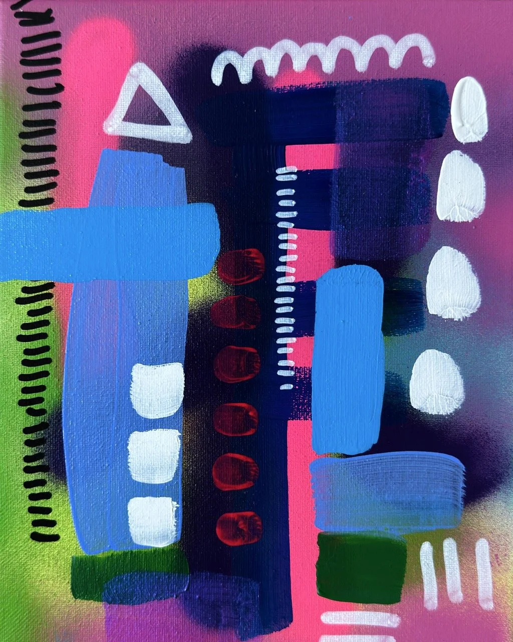 Abstract painting with colorful geometric shapes, including rectangles, circles, and lines in shades of blue, pink, green, black, and white.