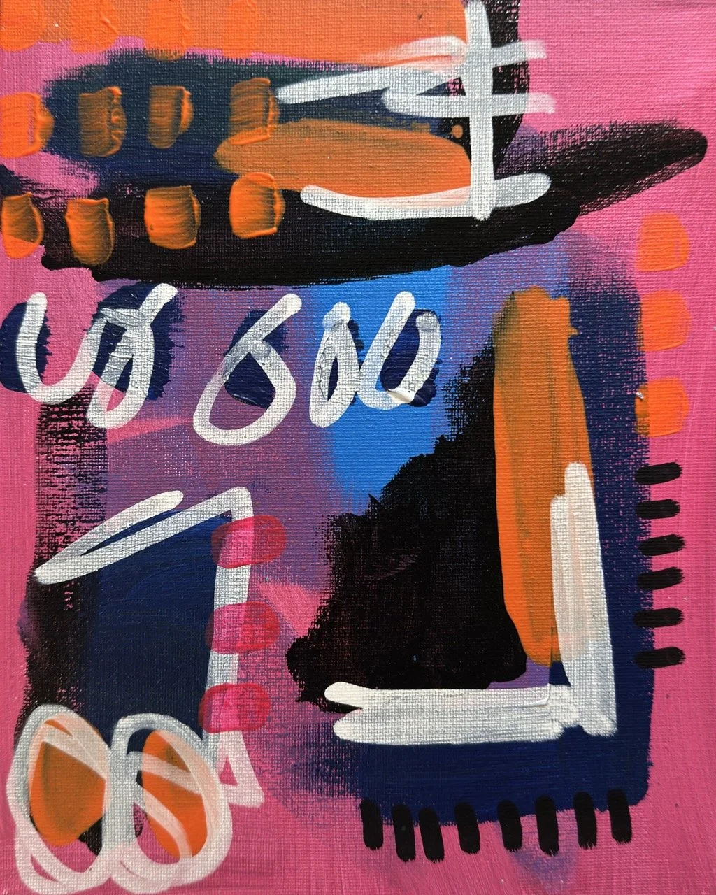 Abstract colorful painting with a pink background, featuring various shapes, lines, and scribbles in black, white, orange, blue, and red, including an orange oval, black zigzag, and handwritten white text.
