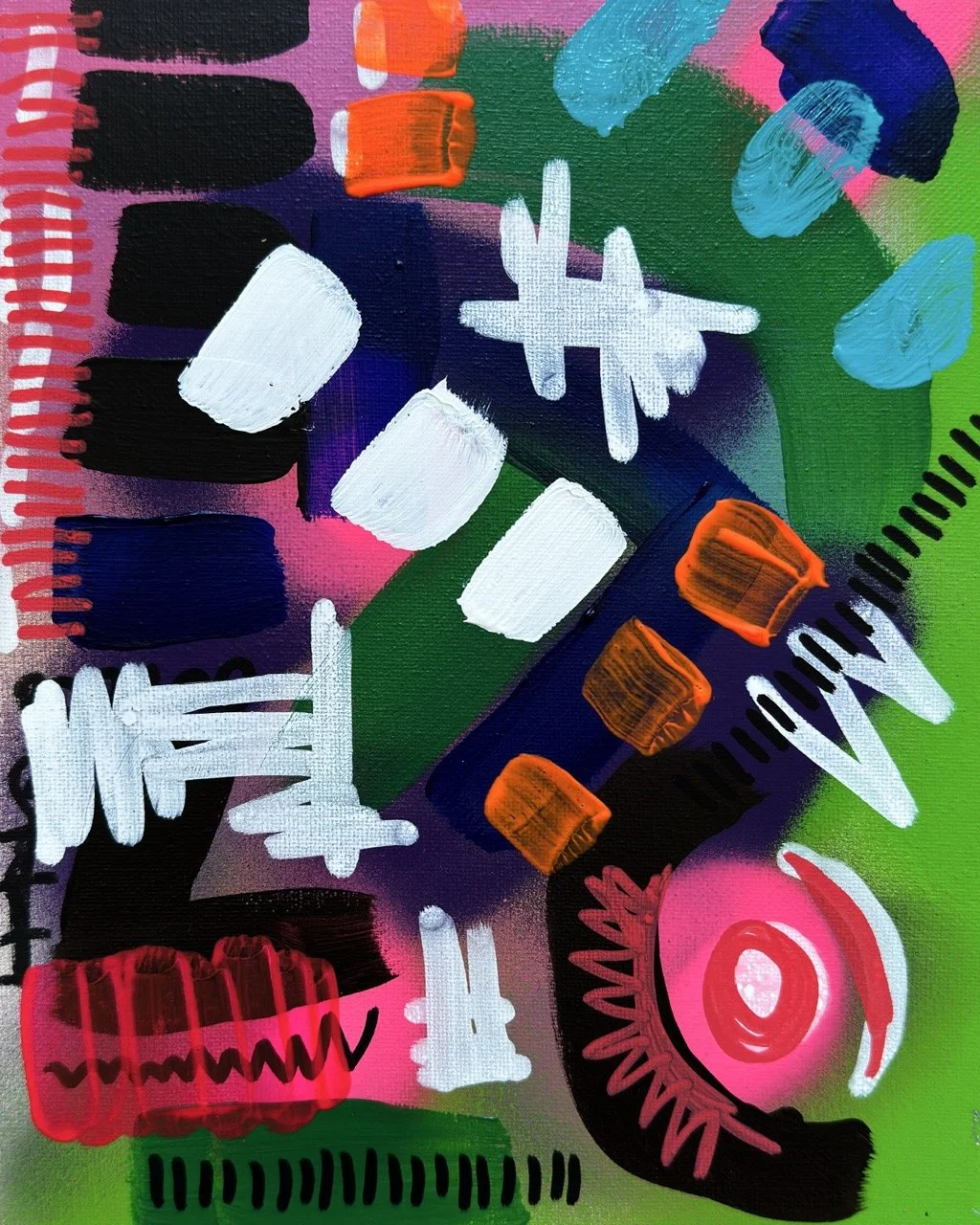Colorful abstract painting with multicolored shapes, bold lines, and various brushstrokes in pink, green, blue, white, black, orange, and purple.