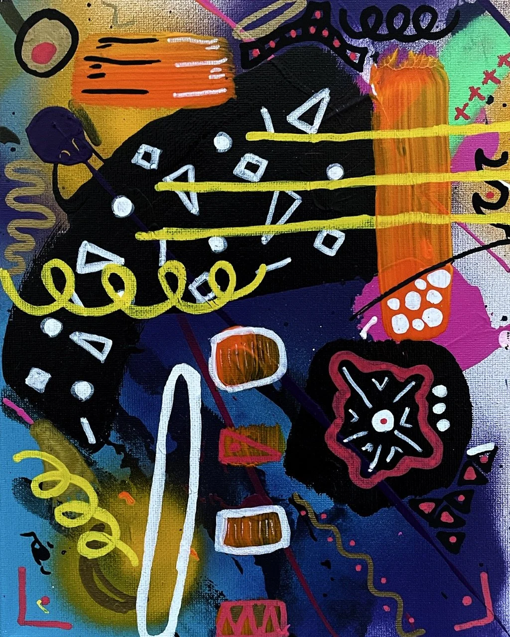 Abstract colorful artwork with various shapes, lines, and patterns including black, orange, pink, green, and purple background elements, white and yellow geometric designs, and swirls and scribbles.