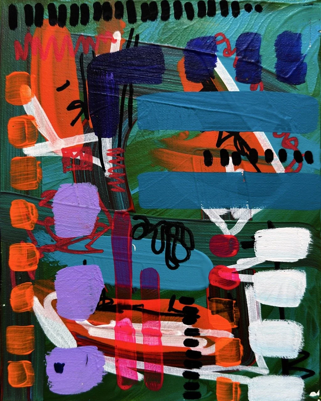 Abstract colorful artwork with various shapes, lines, and bold strokes in colors such as orange, purple, blue, white, black, and red.