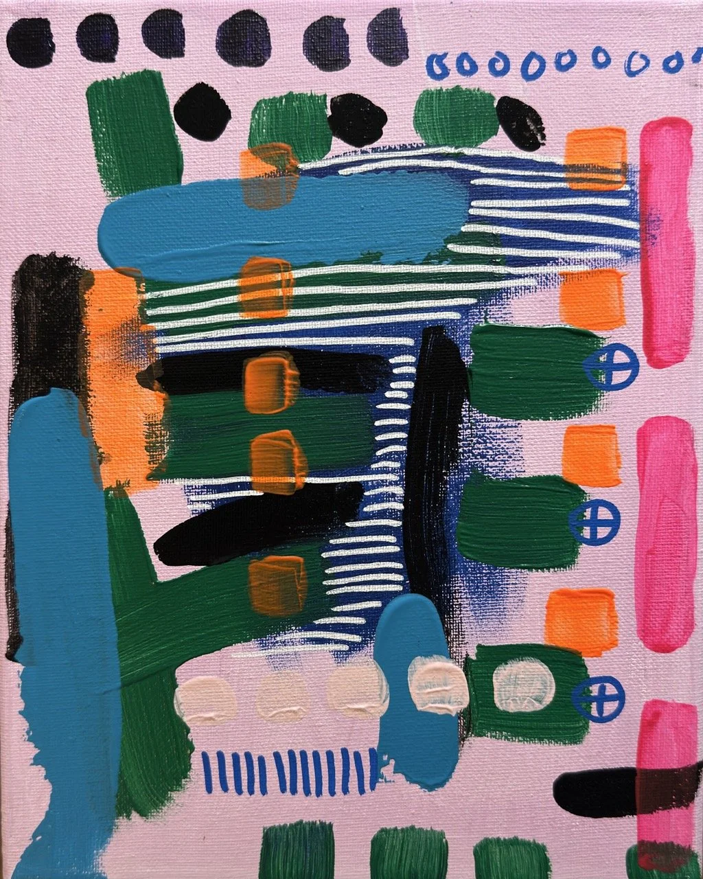 Abstract colorful artwork featuring shapes and lines in blue, green, orange, black, pink, and white.