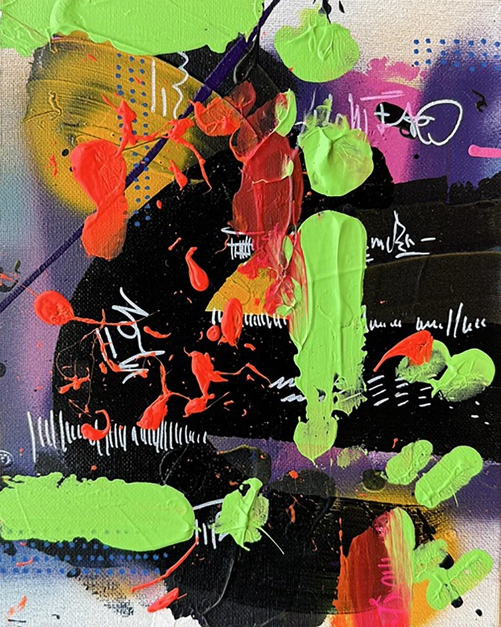 Abstract colorful painting with green, red, orange, purple, pink, black, and white paint splashes and strokes on canvas.