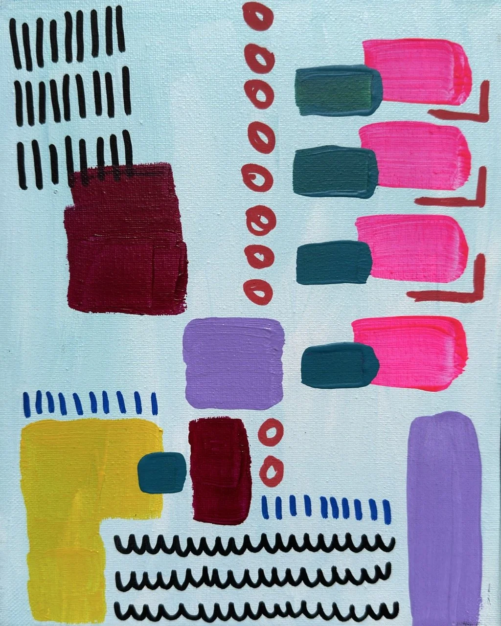 Abstract colorful painting with various geometric shapes, lines, and brush strokes in shades of pink, purple, yellow, green, blue, and black on a light background.