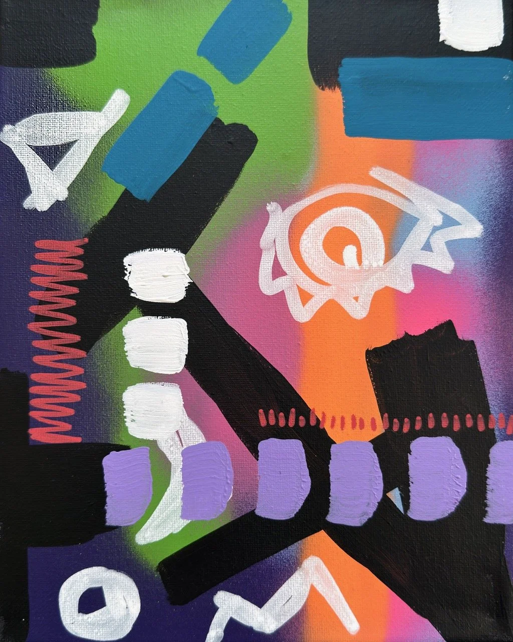 Abstract colorful painting with geometric shapes, lines, and a profusion of colors including green, purple, orange, pink, white, black, and blue.