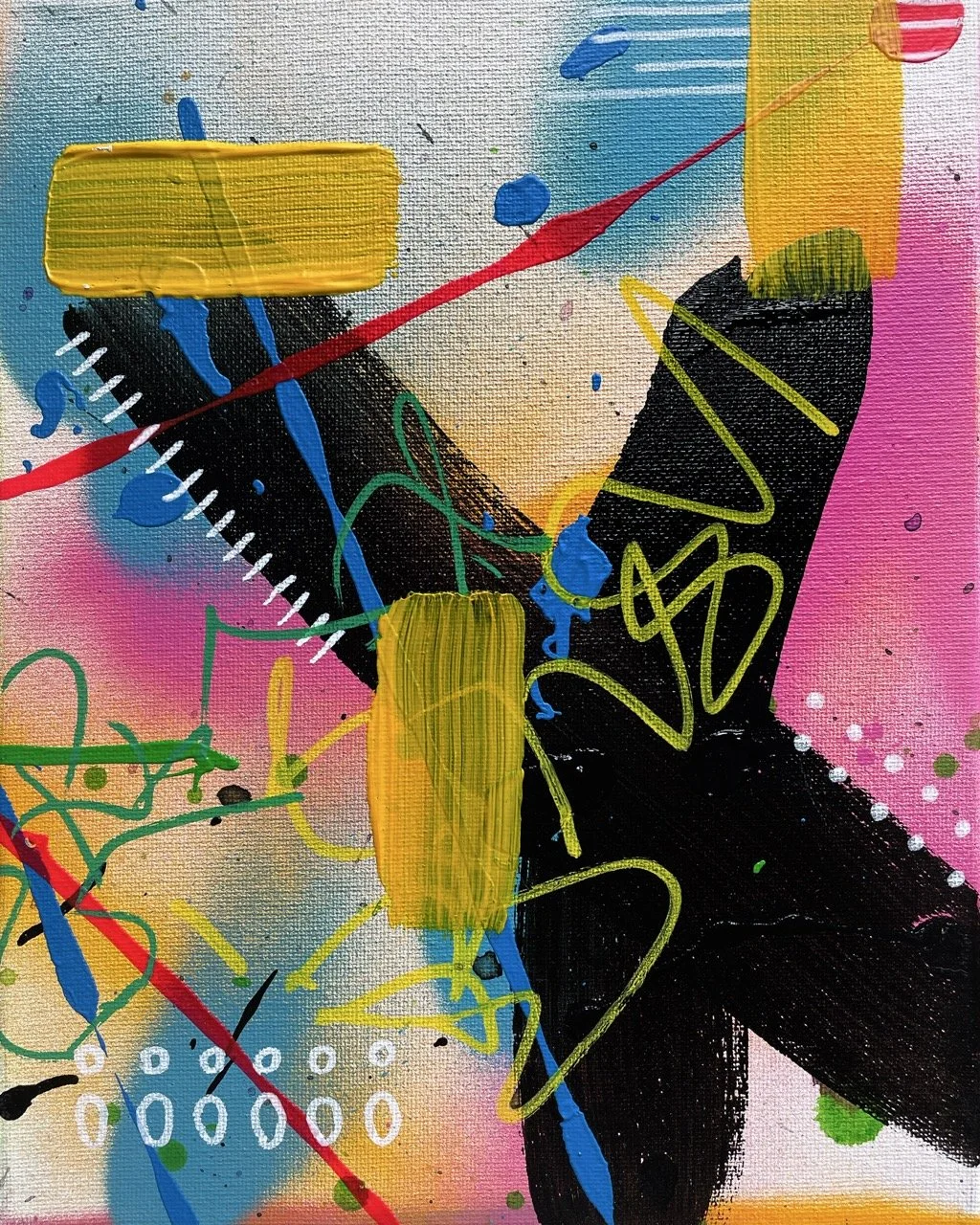 Abstract colorful painting with black, pink, yellow, blue, and green shapes, splatters, and scribbles.