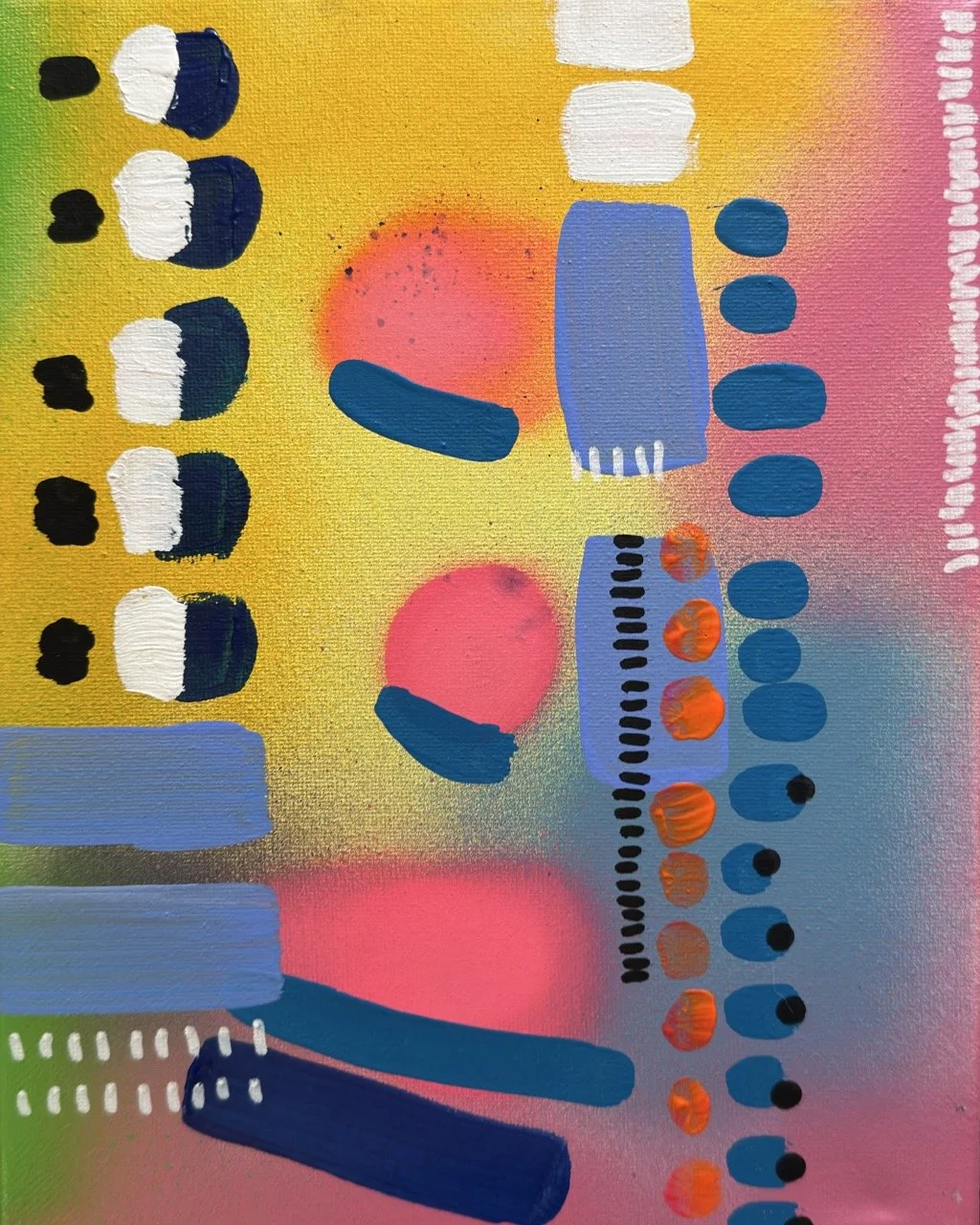 Colorful abstract painting with various blue, white, black, orange, and pink shapes and brushstrokes on a gradient yellow, pink, and blue background.