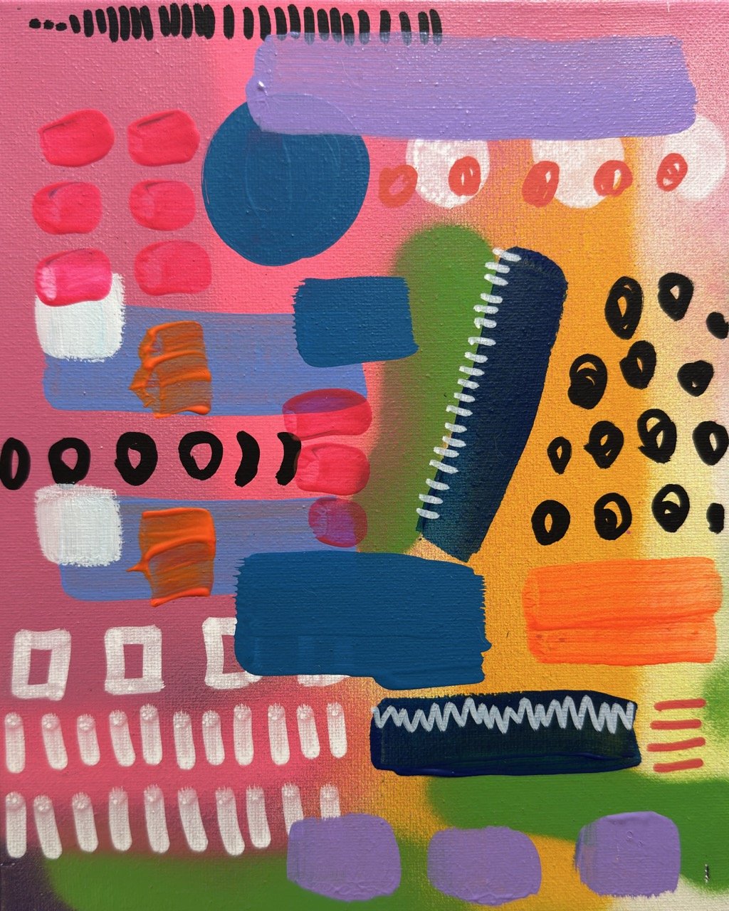 Abstract colorful painting featuring various geometric shapes, including circles, rectangles, and irregular forms, with a mix of bright colors like pink, blue, orange, green, purple, and black.