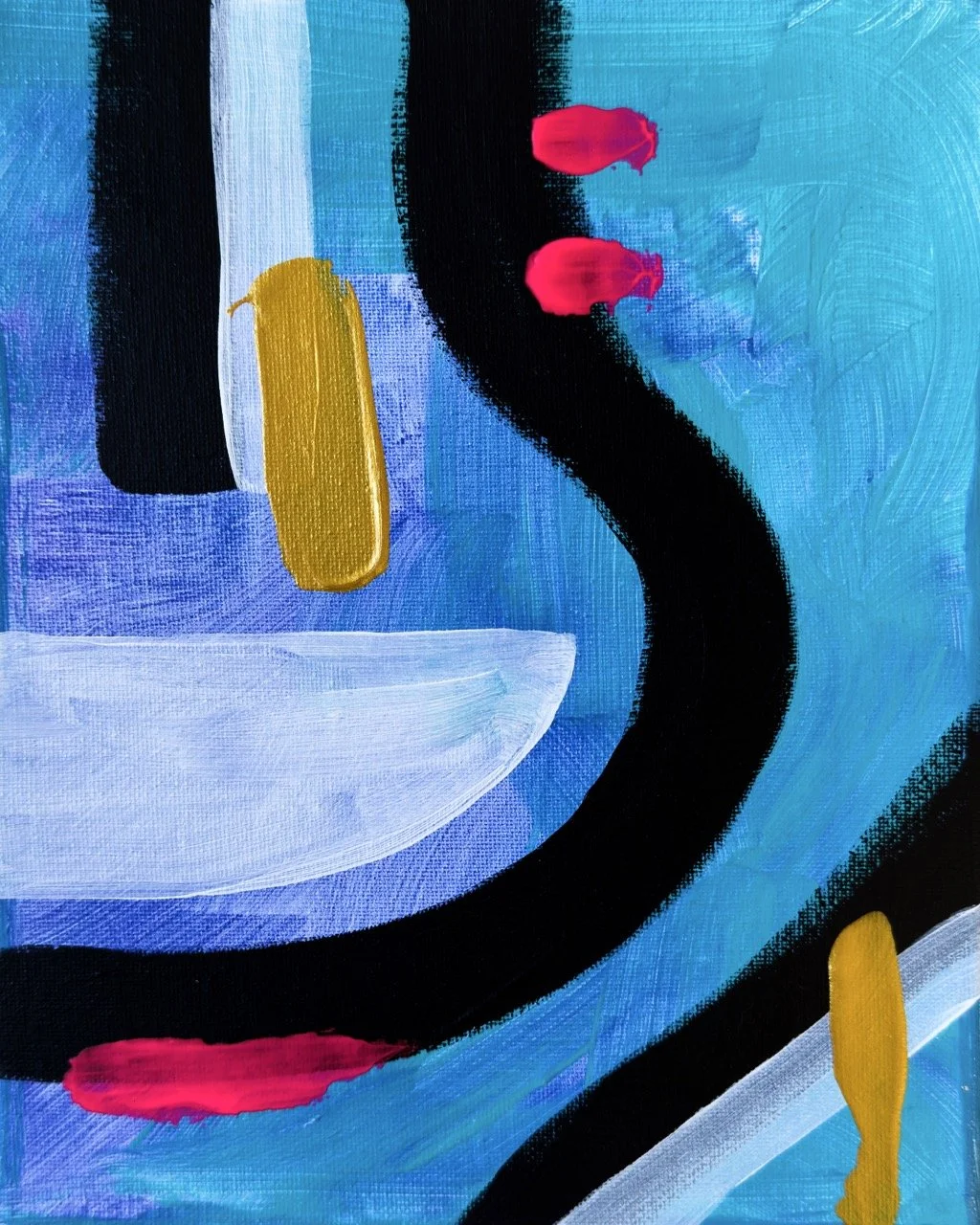 Abstract painting with blue background, black curved line, yellow vertical shapes, white curved shape, and red accents.