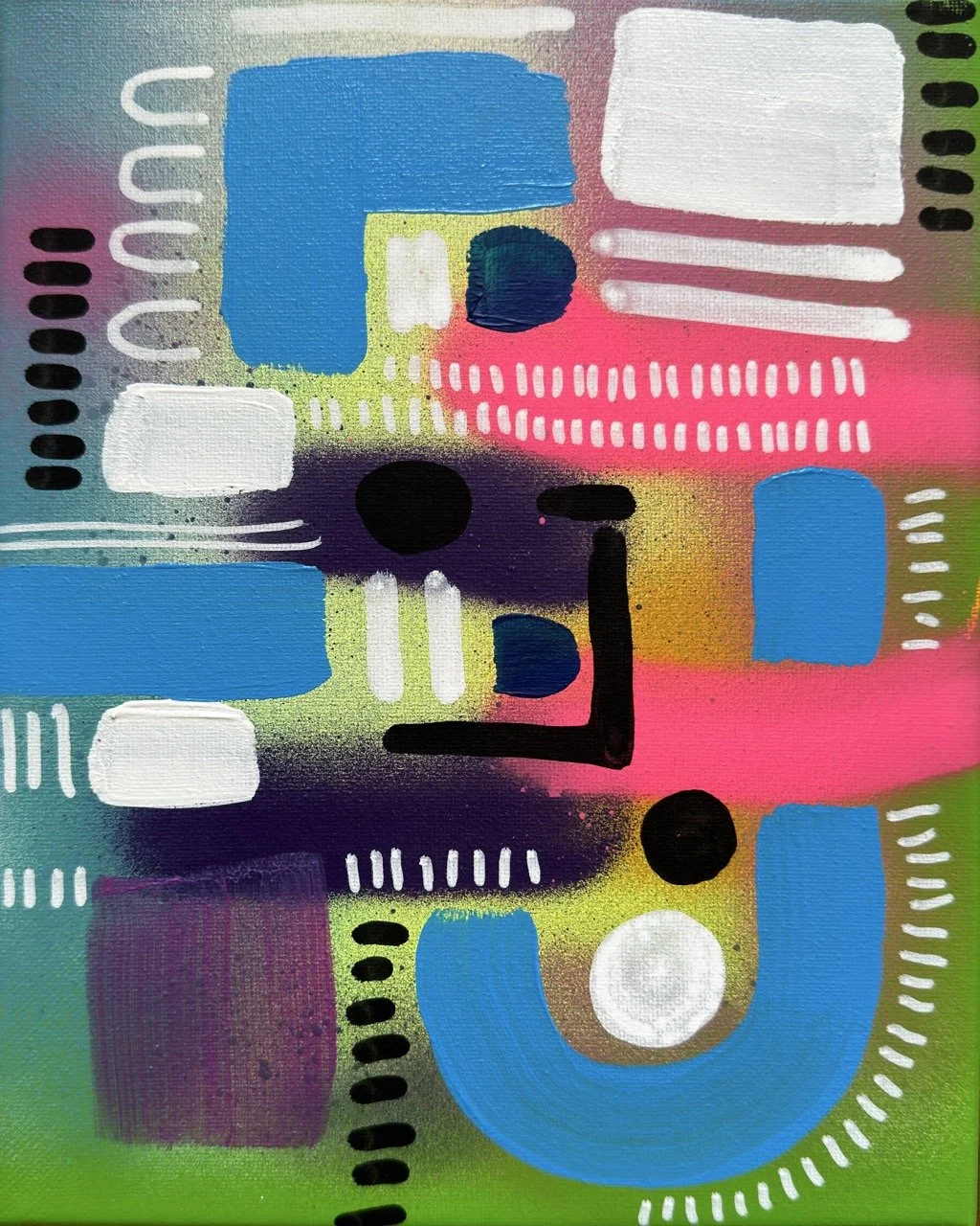 Abstract colorful painting with geometric shapes including blue, white, black, and pink elements on a green background.