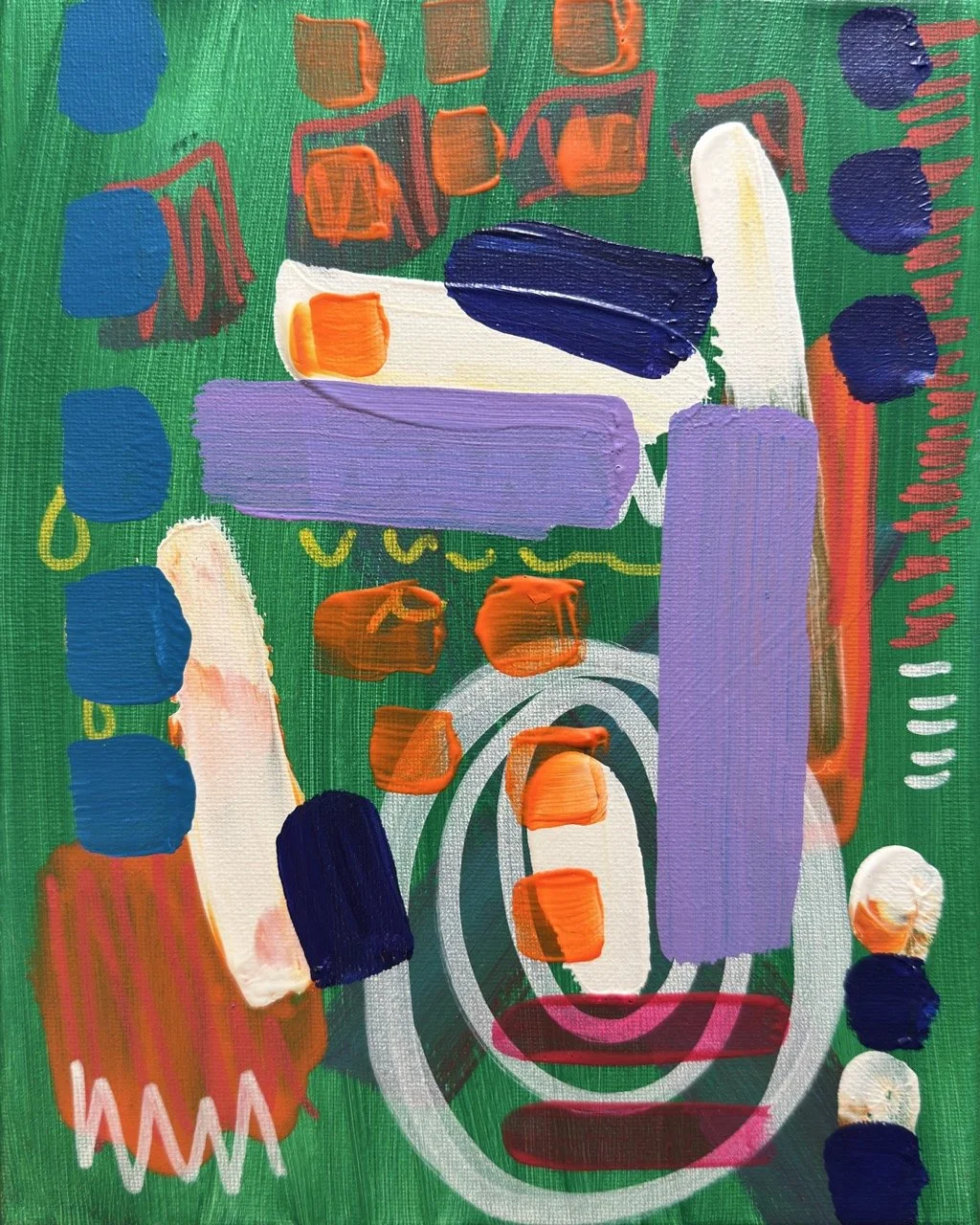 Abstract colorful painting with various shapes, rectangles, circles, and lines in bright colors like purple, orange, blue, white, and green.