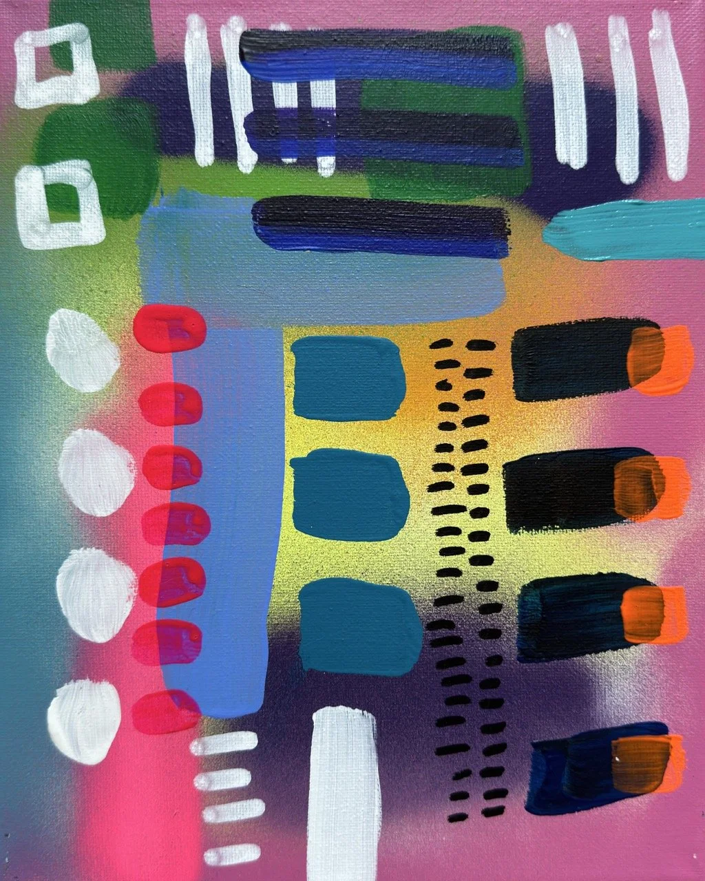 Abstract colorful painting with various geometric shapes and bold strokes in green, blue, black, white, red, orange, and pink hues.