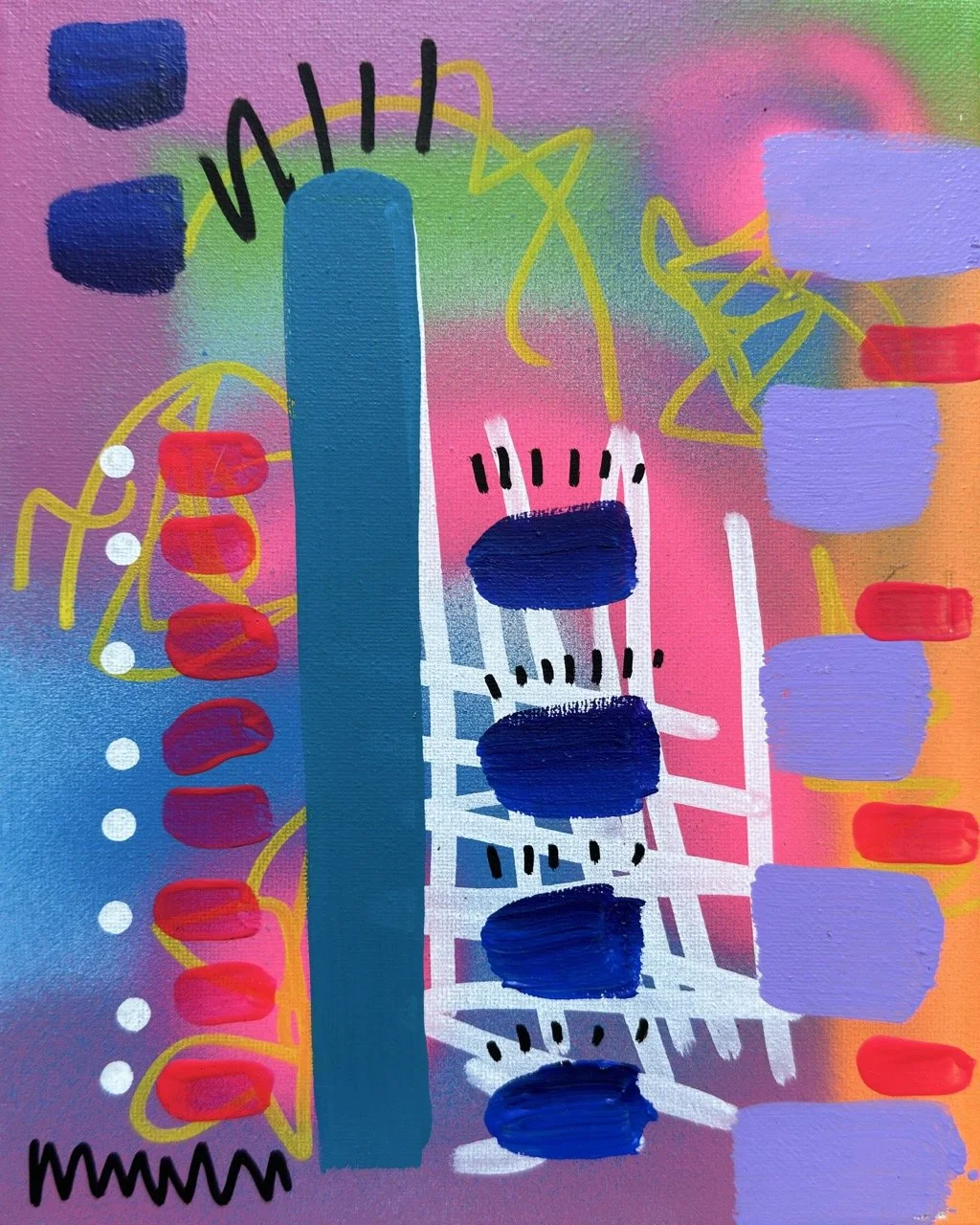 Abstract colorful painting featuring various shapes, lines, and patterns in shades of pink, purple, blue, green, red, and yellow.