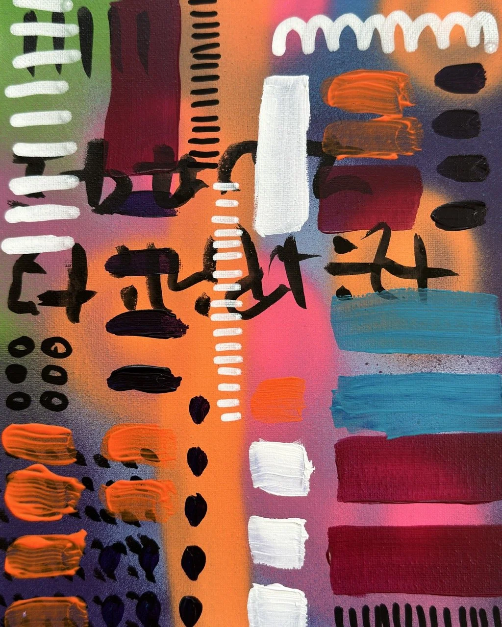 Abstract colorful painting with various brushstrokes, lines, and shapes in shades of orange, pink, blue, white, black, and green.