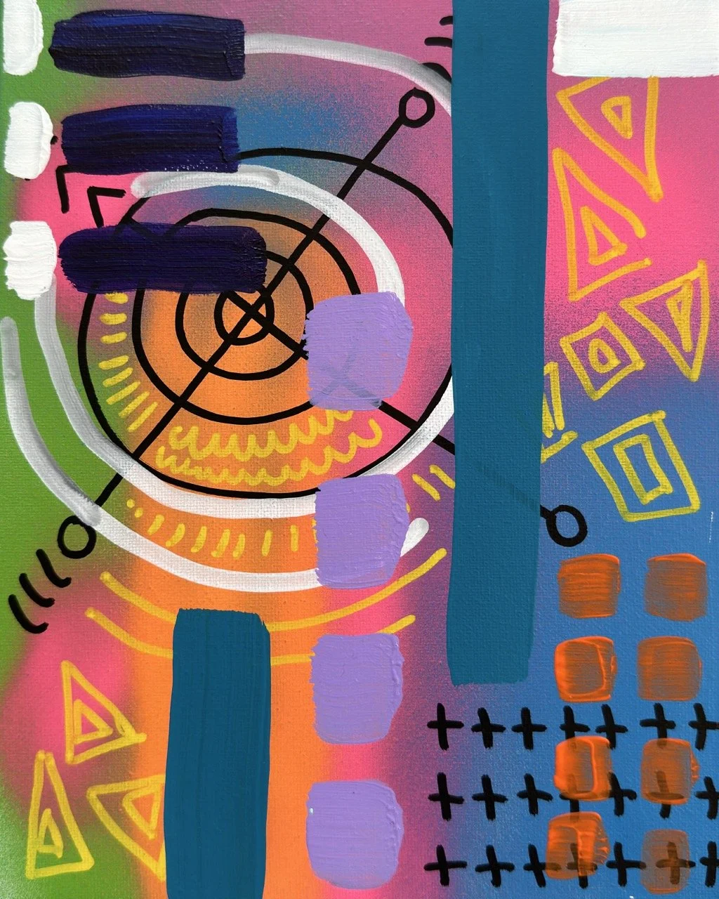 Colorful abstract painting with geometric shapes, concentric circles, rectangles, triangles, and various patterns in pink, orange, purple, green, blue, black, white, and yellow.