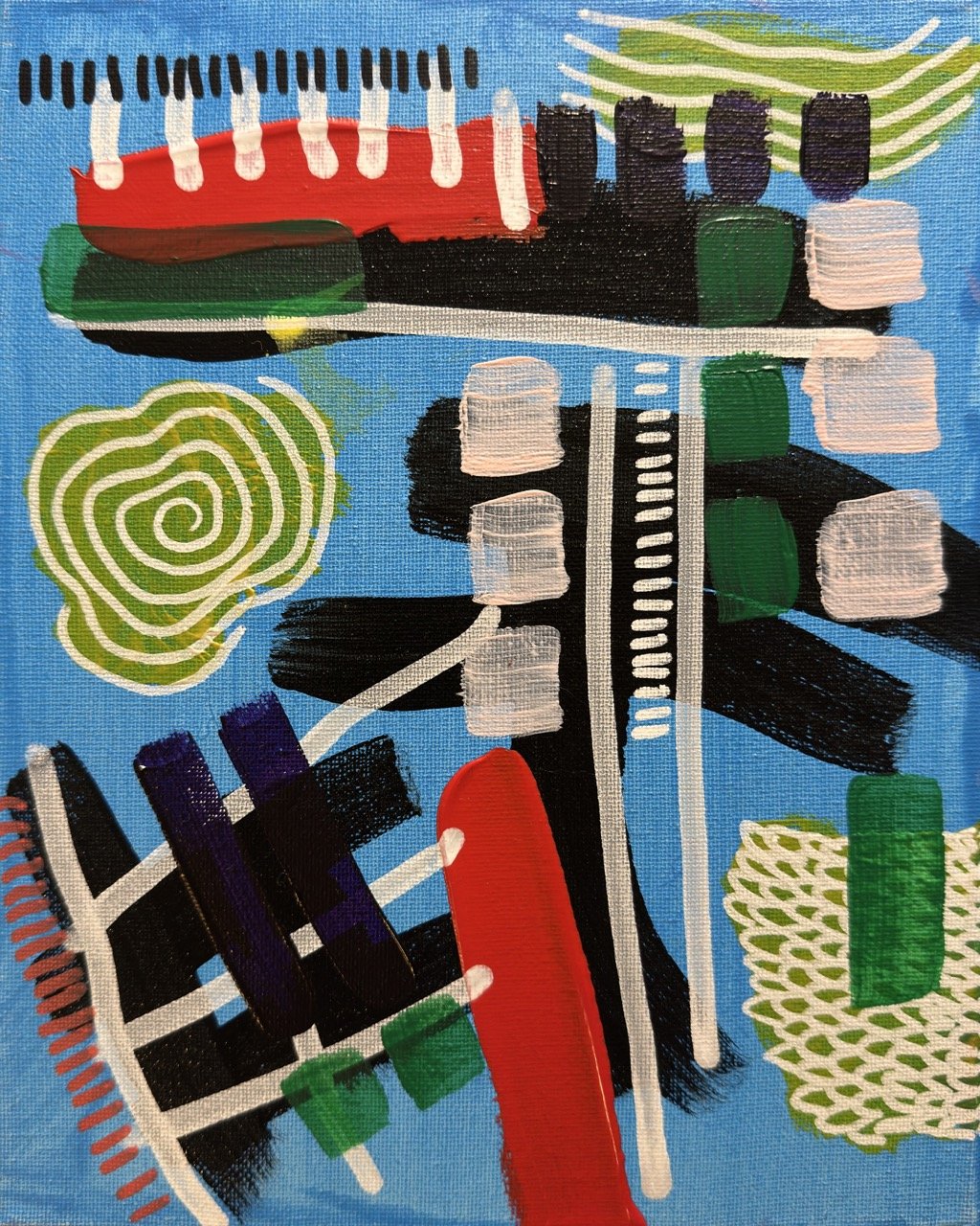 Abstract painting with colorful shapes and patterns, including black, white, red, green, and purple, on a blue background.