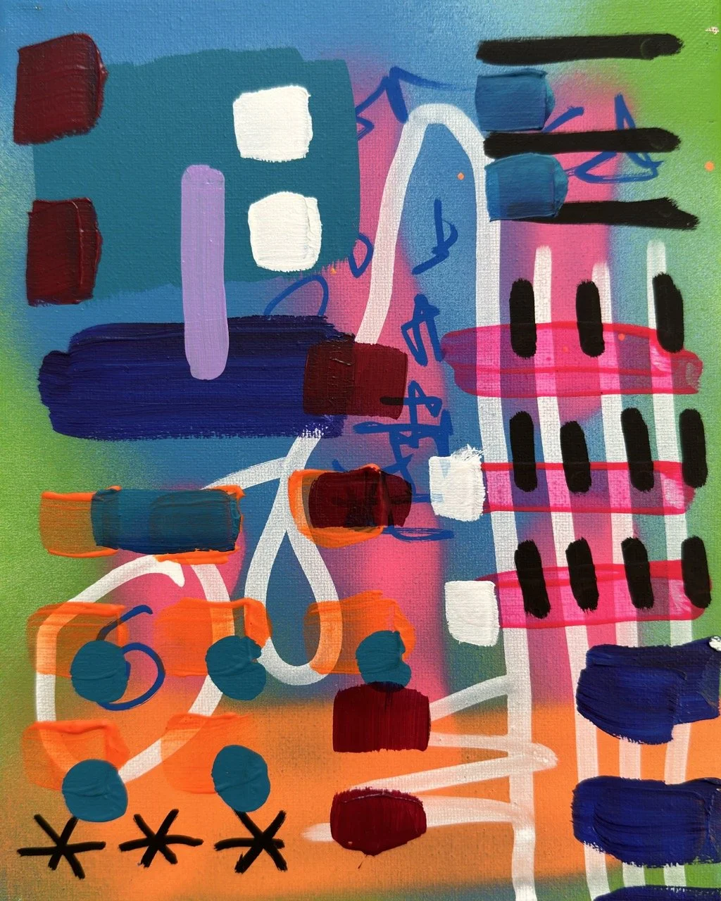 Abstract colorful painting with various shapes, lines, and patterns including rectangles, circles, and stripes in colors such as red, blue, pink, green, orange, black, and white.