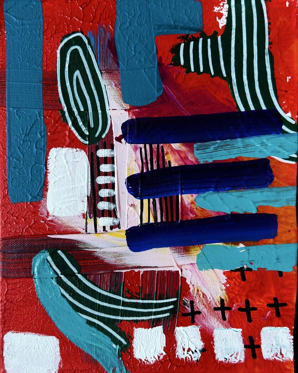 Abstract colorful painting with red, blue, green, white, and black brushstrokes, shapes, and patterns.