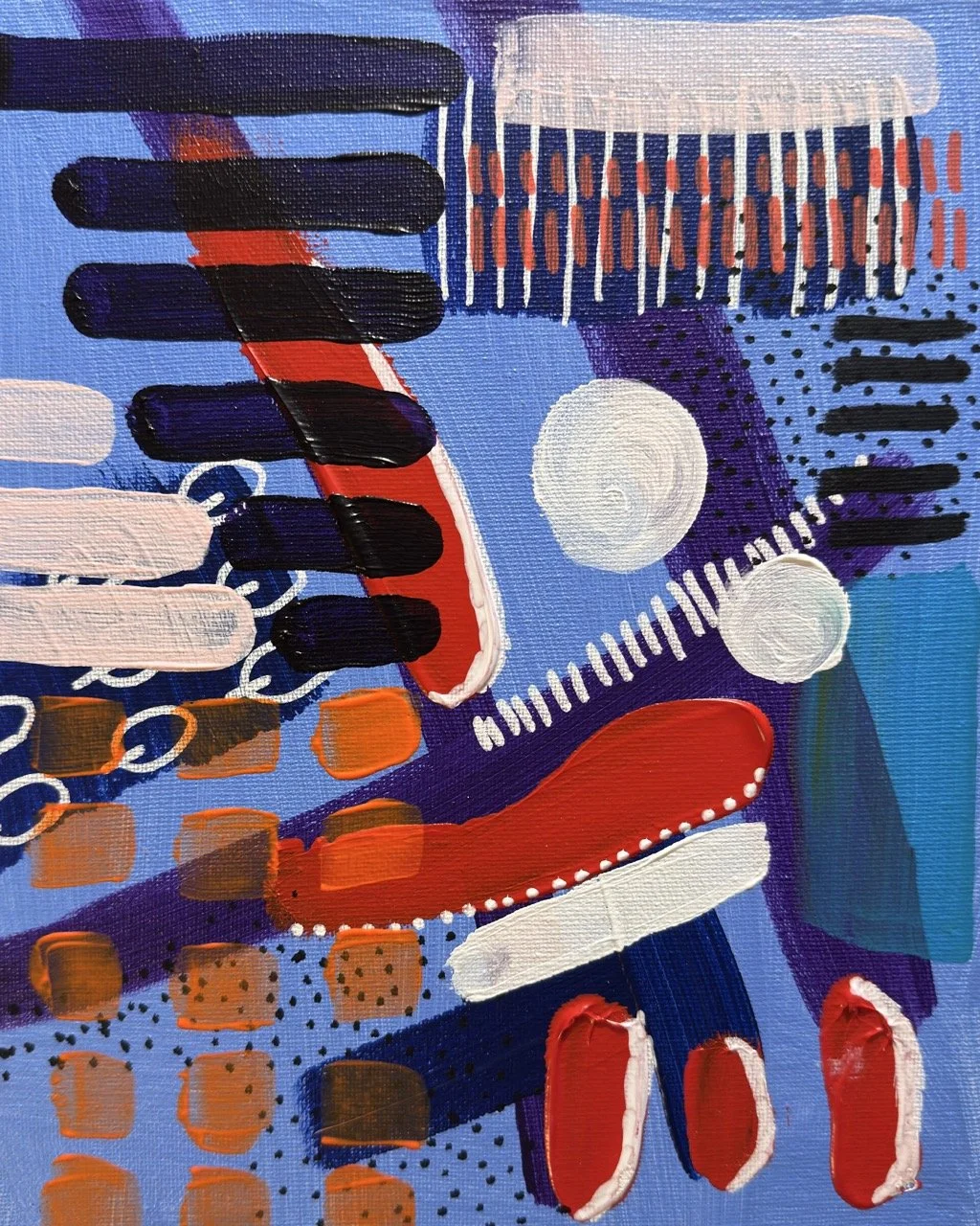 Abstract colorful painting with various shapes, lines, and patterns including circles, rectangles, and brushstrokes in blue, red, white, black, purple, and orange.