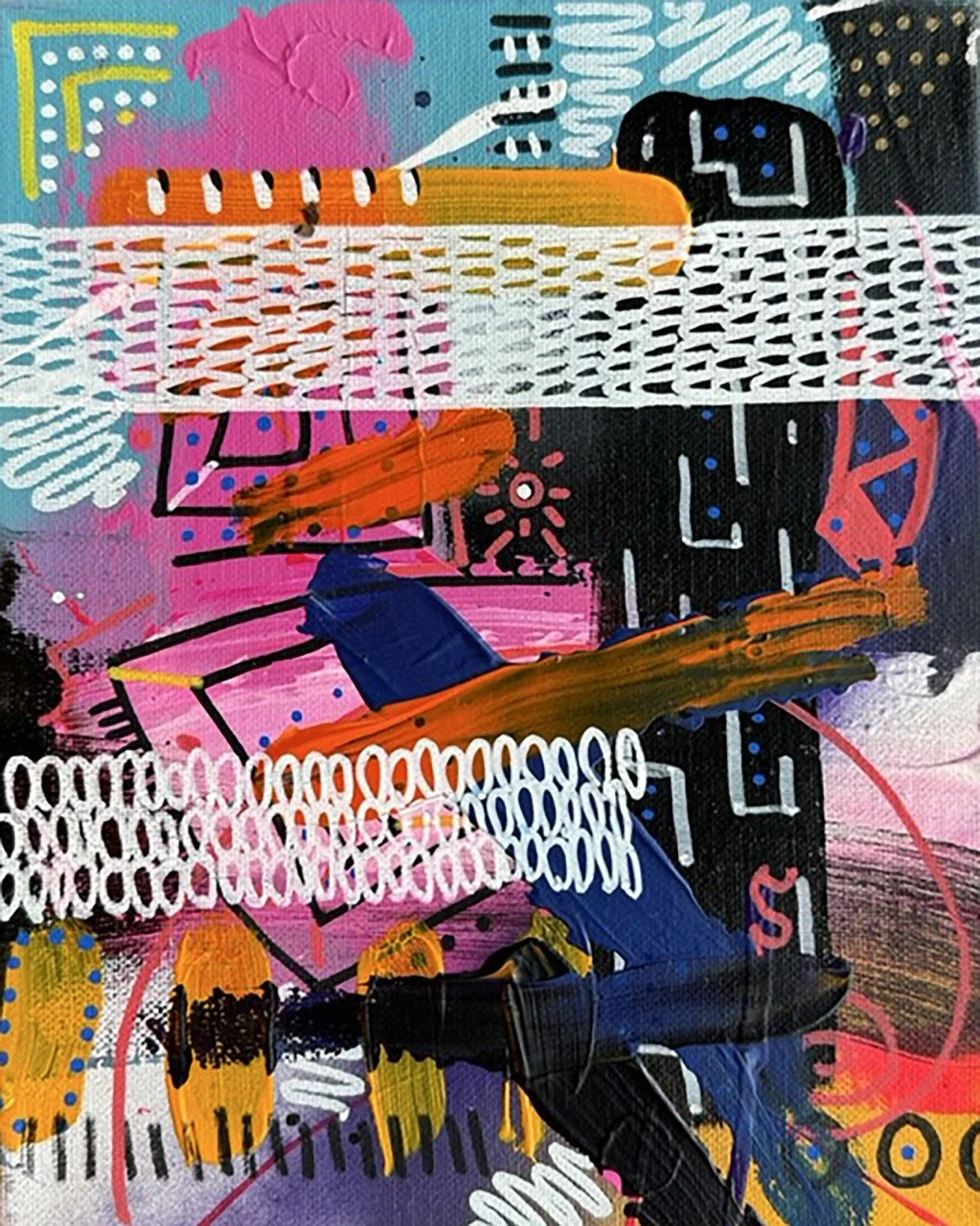 Colorful abstract artwork with various shapes, patterns, and bright colors including pink, orange, black, white, blue, and yellow.