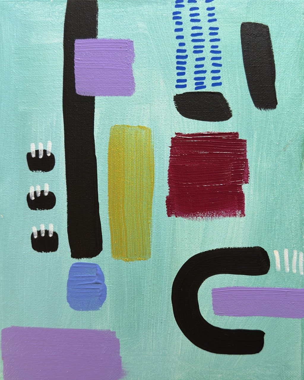 Abstract painting with various colored shapes on a light teal background.