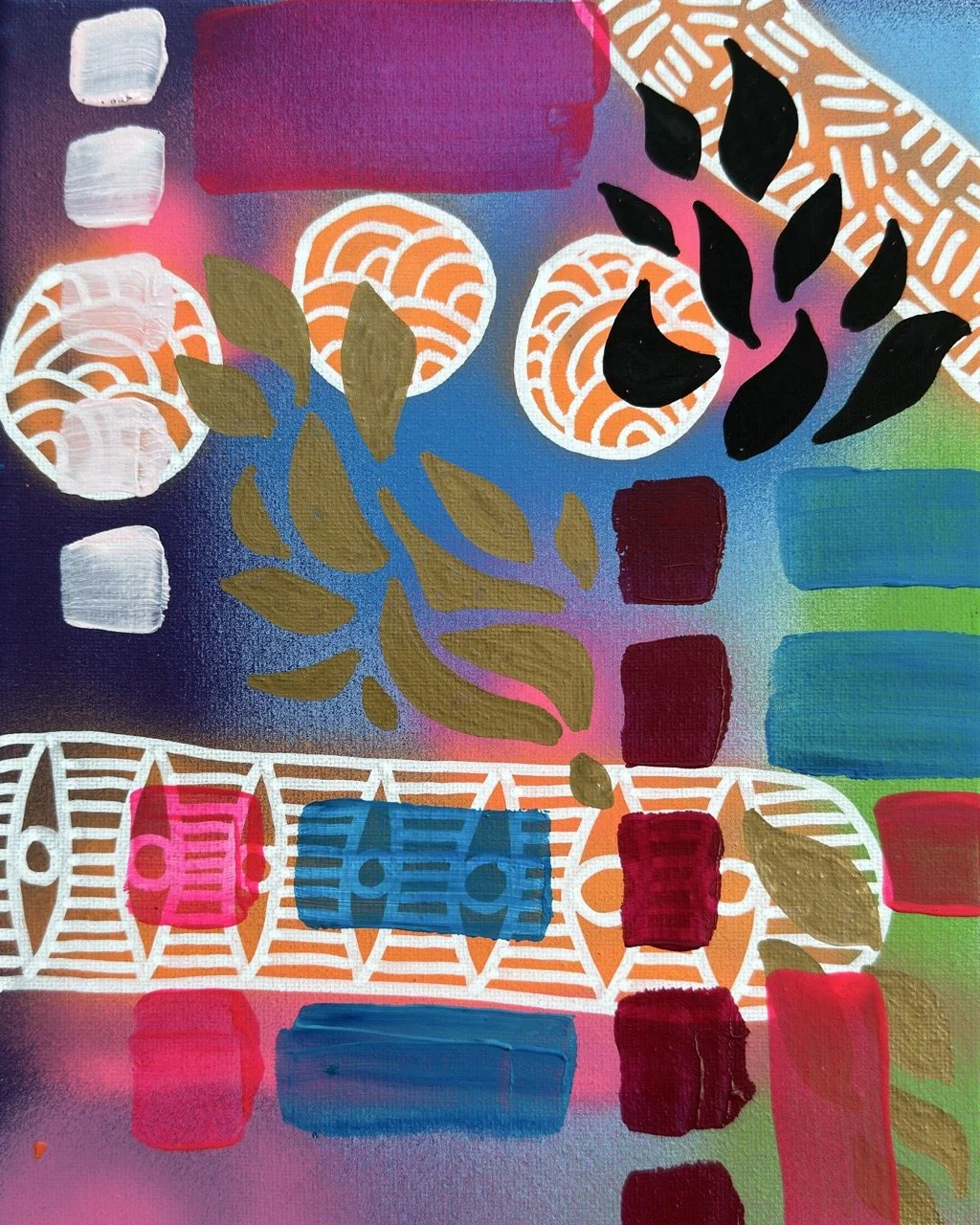 Abstract colorful painting with white lattice patterns, orange circular designs, black leaf shapes, and various colored rectangles and shapes.