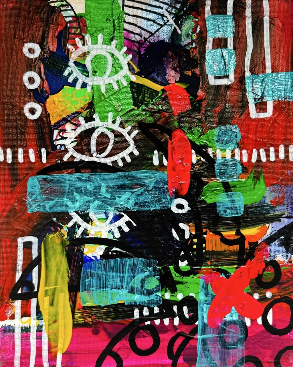 Abstract colorful painting with various shapes, including gears, squares, lines, and splashes of bright colors like red, blue, green, yellow, and black.