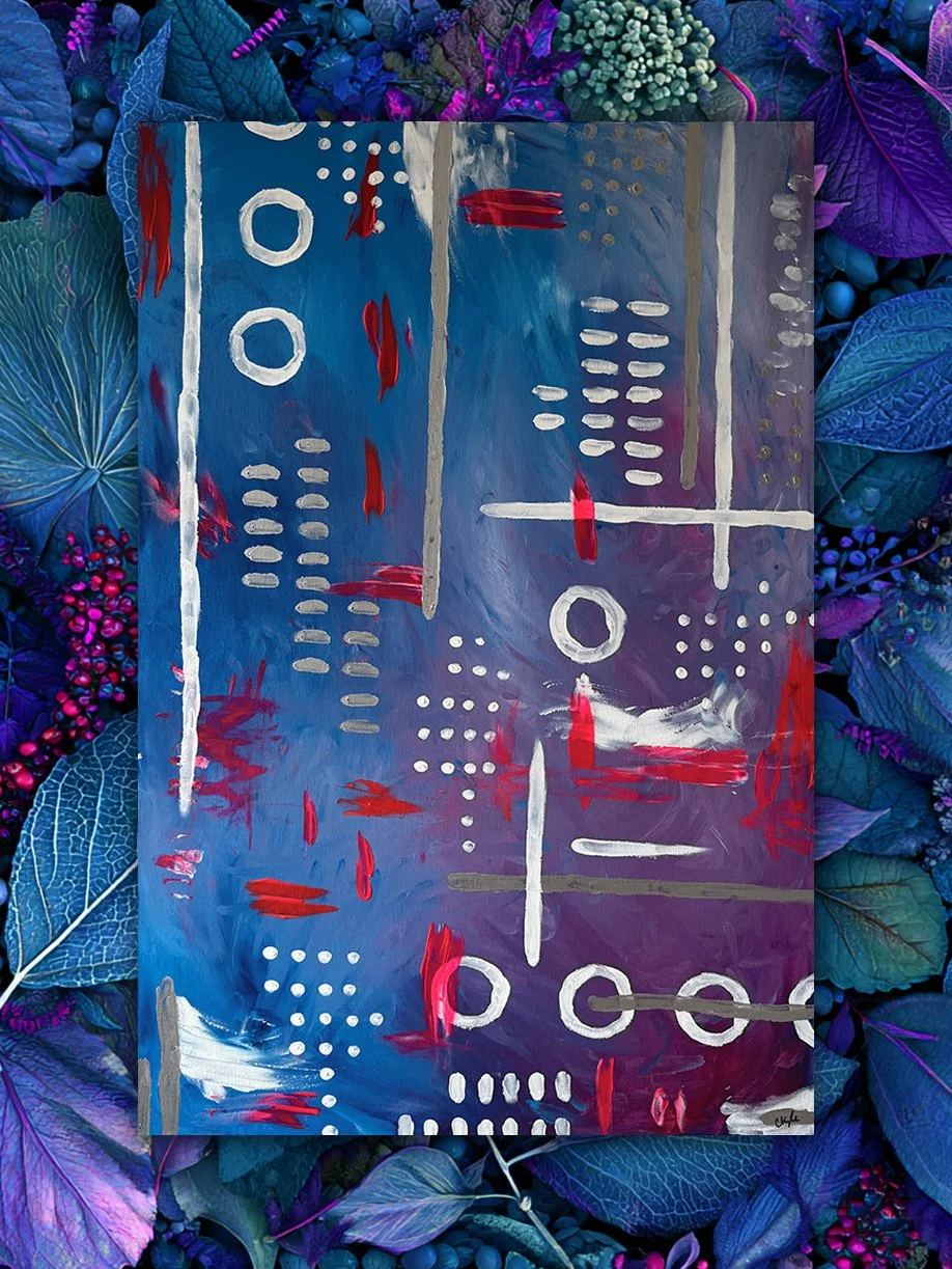 Abstract painting with blue, purple, white, gray, red, and gold colors, featuring circles, lines, and dotted patterns, set against a vibrant floral background.