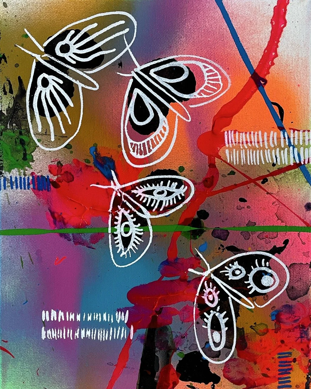 Abstract artwork featuring colorful splashes, drips, and splatters of paint with white-line drawings of butterflies overlaying the background.