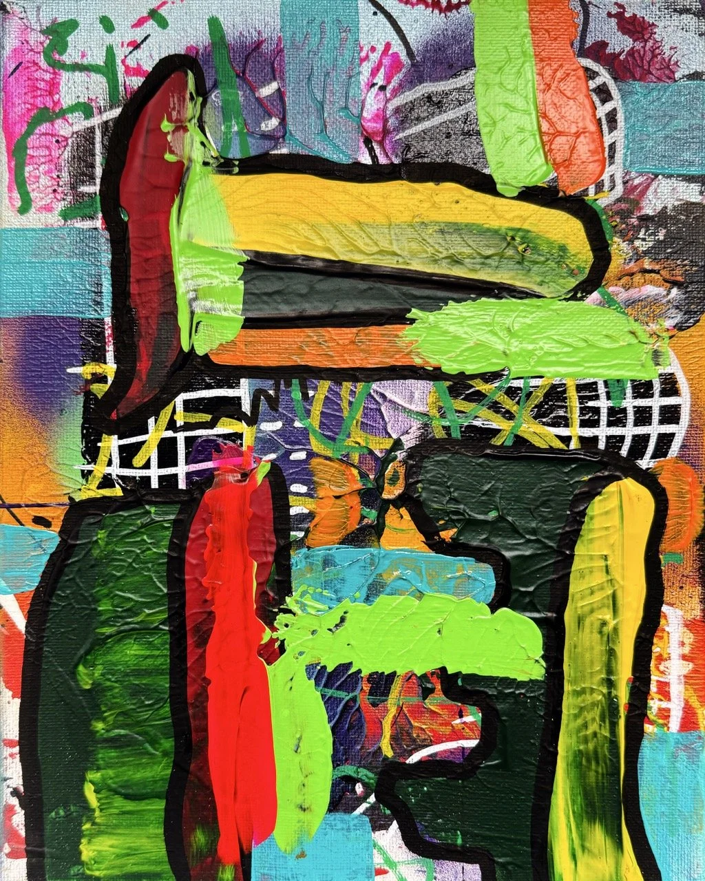 Abstract graffiti art with vibrant colors including red, yellow, green, black, purple, orange, and blue, featuring bold lines, patterns, and overlapping shapes.