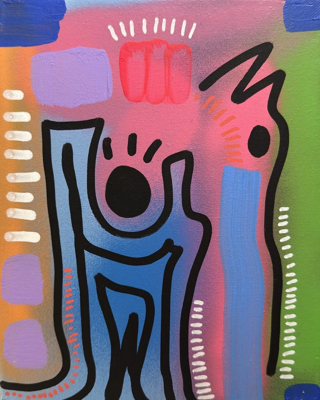 Abstract colorful artwork with black outline figure resembling an animal or human, surrounded by bright blocks of pink, purple, blue, green, orange, and red, with decorative white and red dashed and dotted lines.