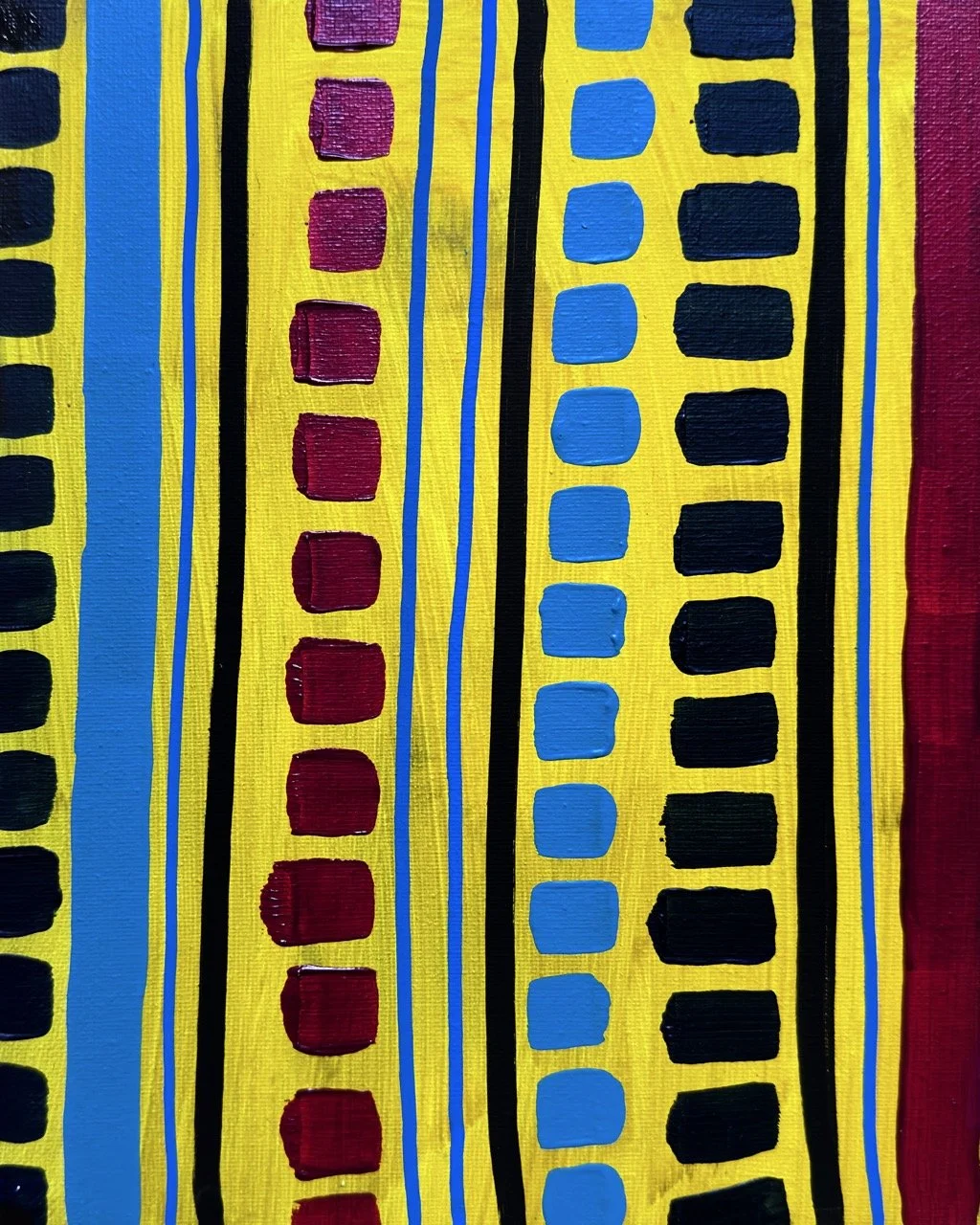 Close-up of an abstract painting with yellow background, vertical black lines, and rows of square blocks in purple, blue, and black.