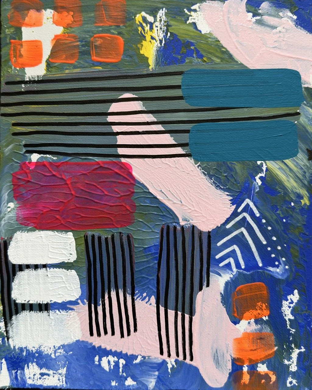 An abstract painting with various geometric shapes, colorful brushstrokes, lines, and patterns in blues, pinks, reds, whites, greens, black, and orange.