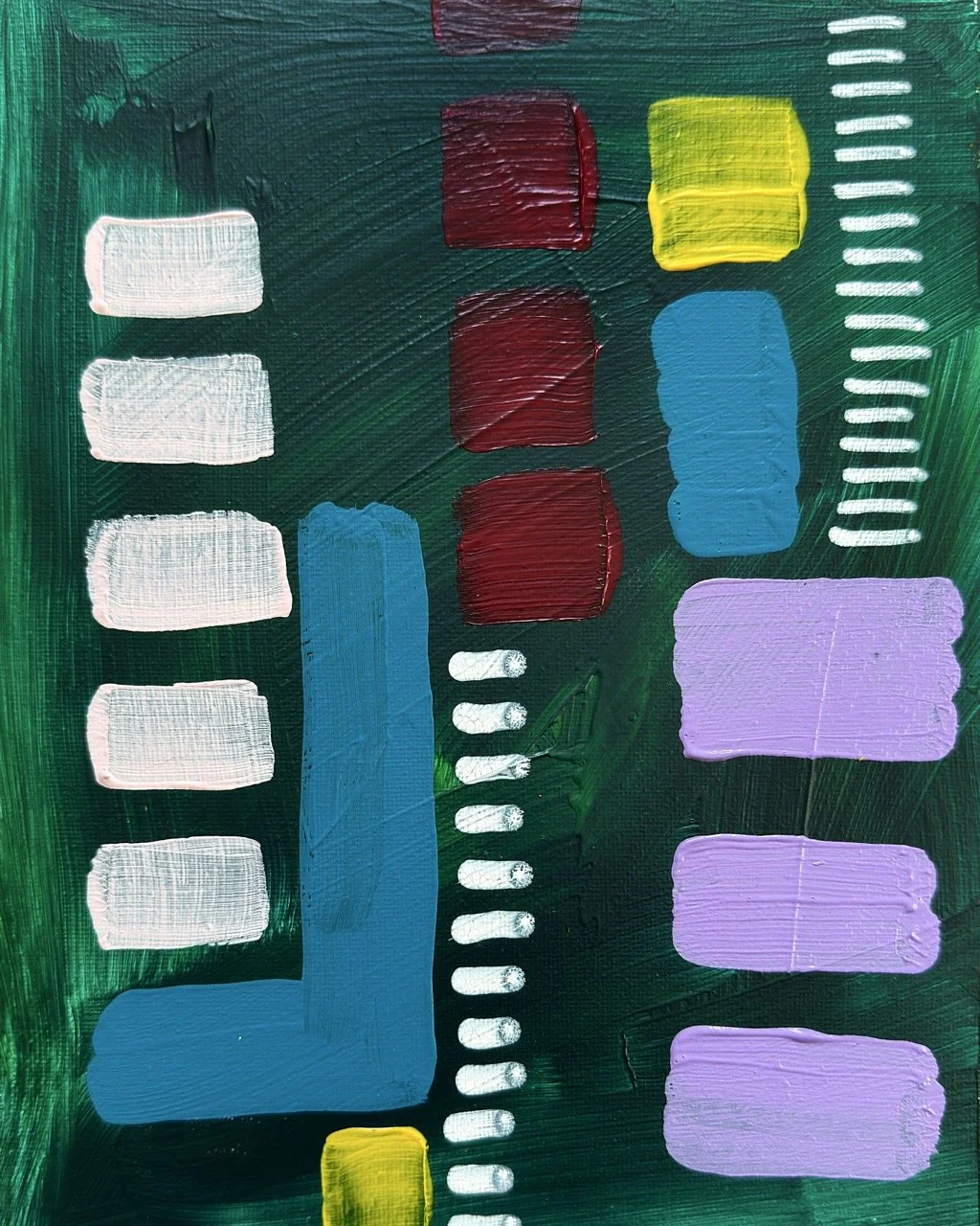 A colorful abstract painting featuring rectangles and dashes in white, red, yellow, green, blue, and purple on a dark green background.