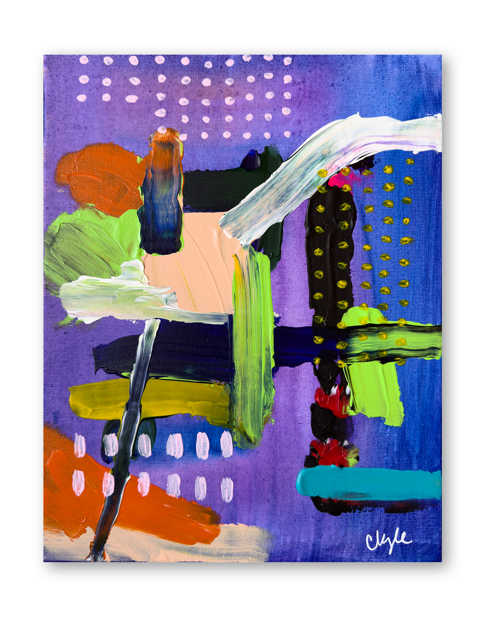 Abstract colorful painting with various shapes and brushstrokes on a purple background, signed 'Chloe' in the bottom right corner.