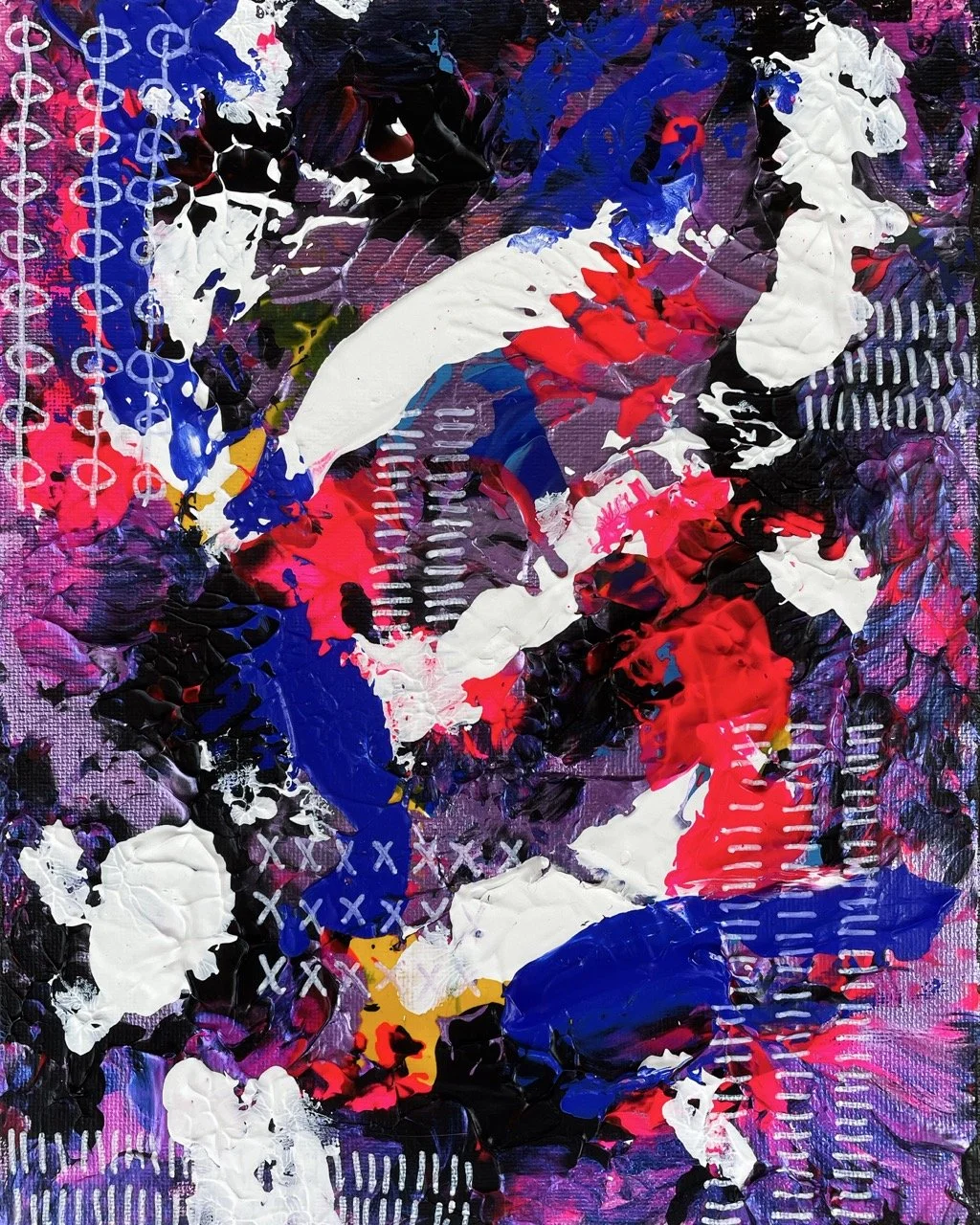An abstract painting with vivid colors like red, blue, white, black, pink, purple, and hints of yellow. The composition includes bold brushstrokes, layered textures, and outlined patterns, giving a dynamic and energetic visual effect.