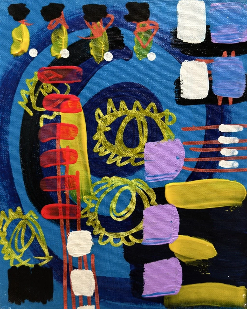 Abstract colorful artwork with yellow, purple, red, white, and blue shapes, patterns, and swooping lines.