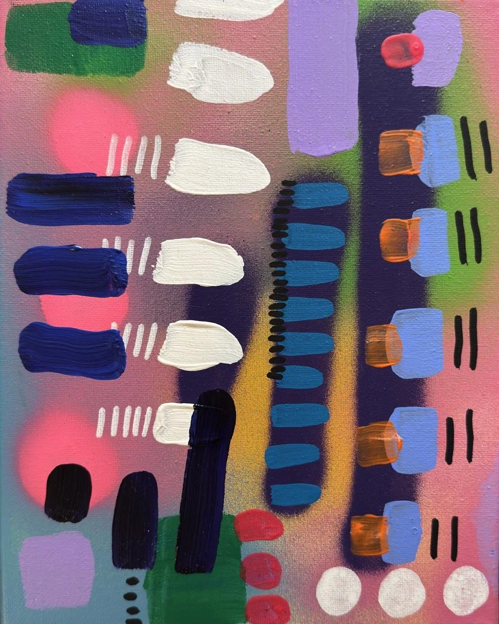 Abstract colorful painting with various geometric shapes including rectangles, circles, and lines in colors like blue, white, pink, purple, green, red, black, and orange.