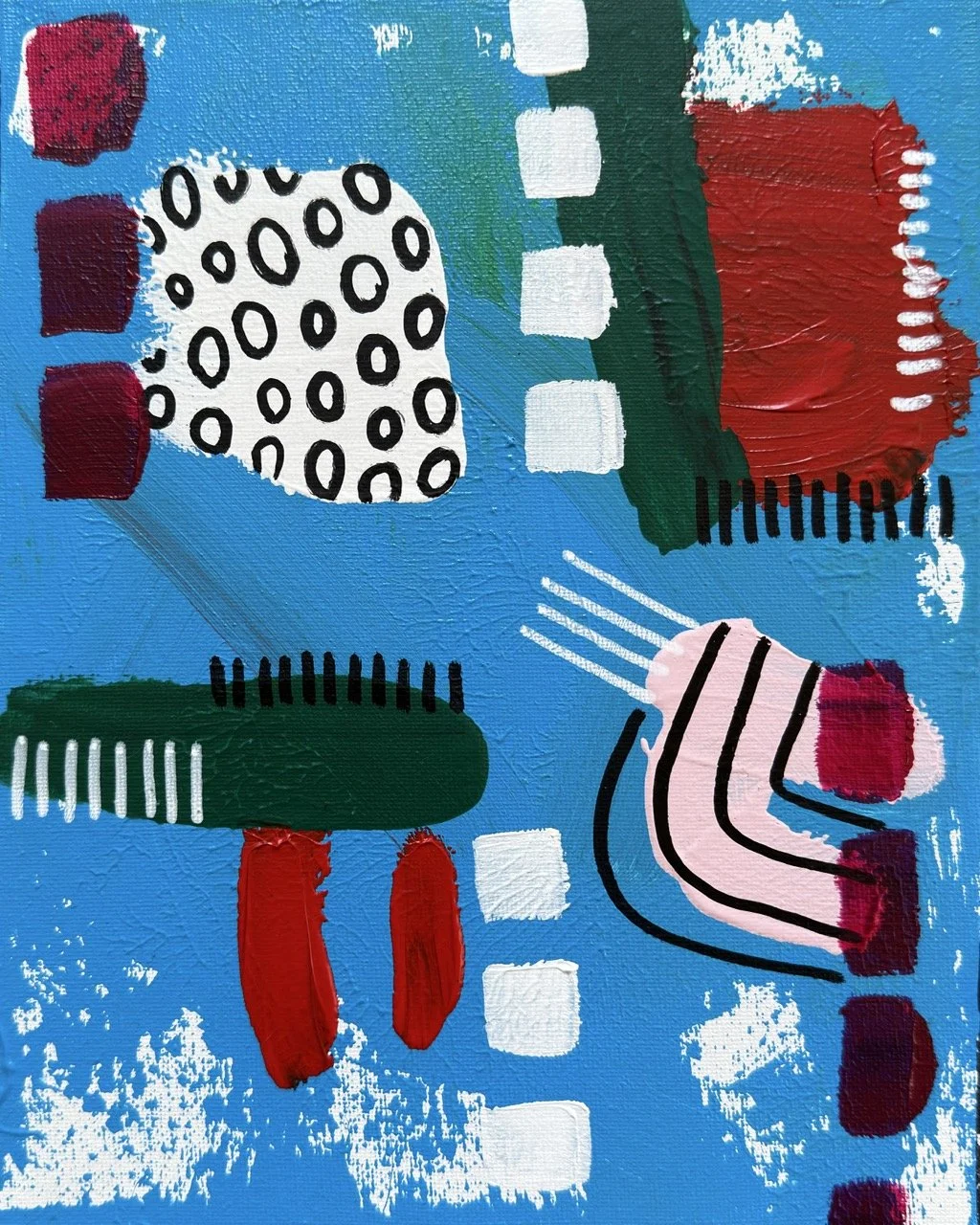 Abstract painting with bright blue background, geometric shapes, black and white patterns, and bold colors including red, green, white, and pink.