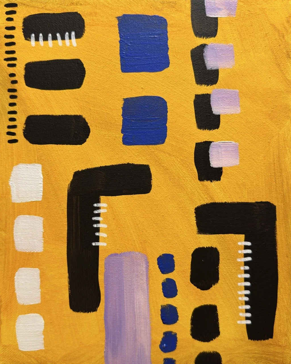 Abstract painting with black, white, blue, purple, and pink rectangular and circular shapes on a yellow background.