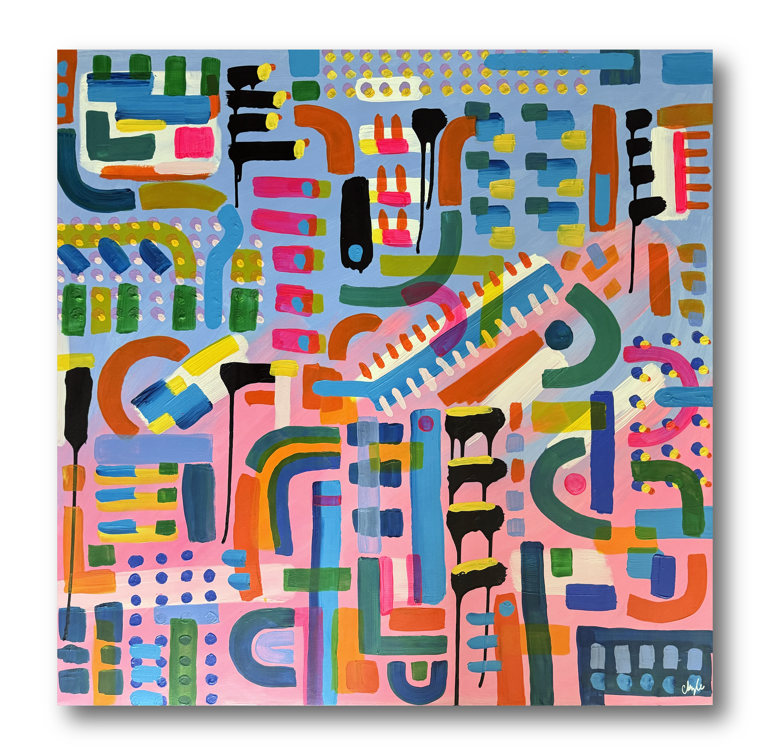 Colorful abstract painting with various geometric shapes and lines in bright colors on a pastel pink background.