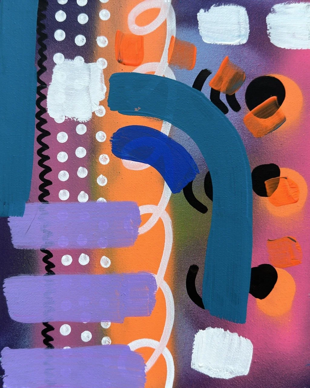 Abstract painting with vibrant colors including purple, orange, blue, white, black, pink, and green, featuring various shapes such as dots, lines, and curved forms.