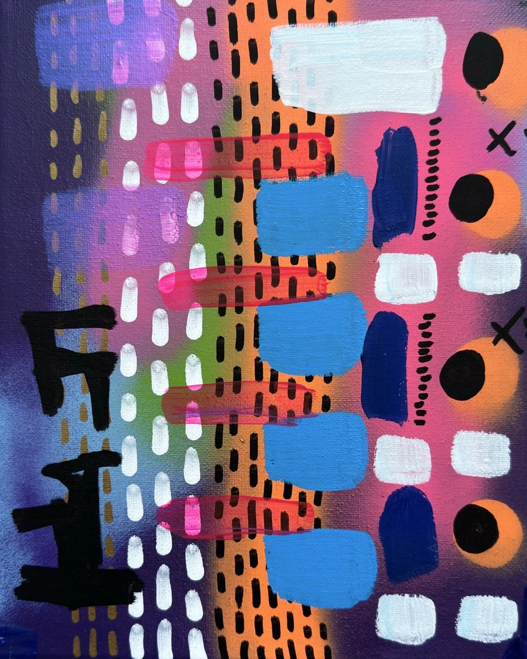 Abstract colorful painting with various shapes, dots, and lines in pink, blue, orange, black, white, purple, and green.