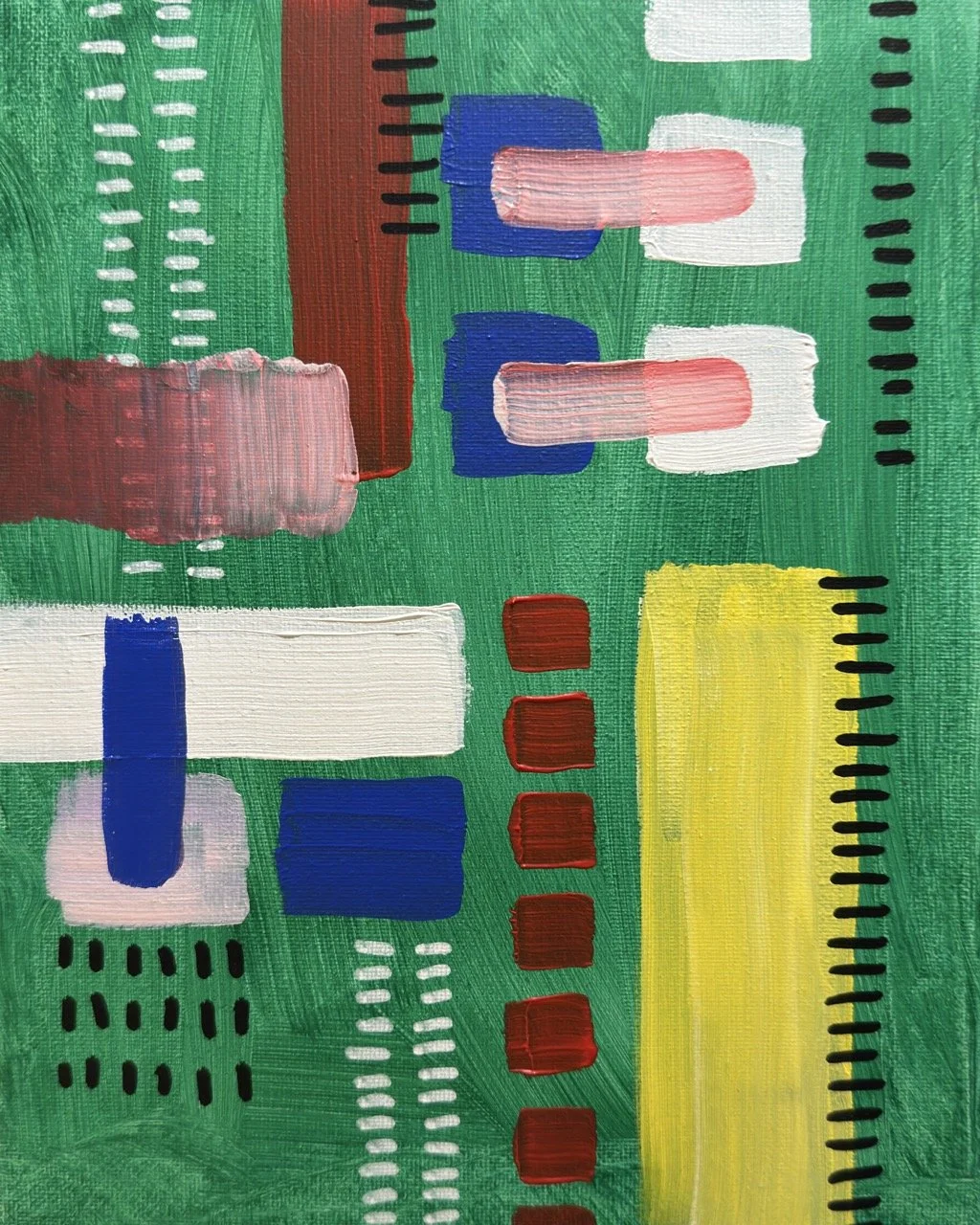 Abstract painting with green background, white, blue, red, pink, and yellow shapes, and black and white lines.
